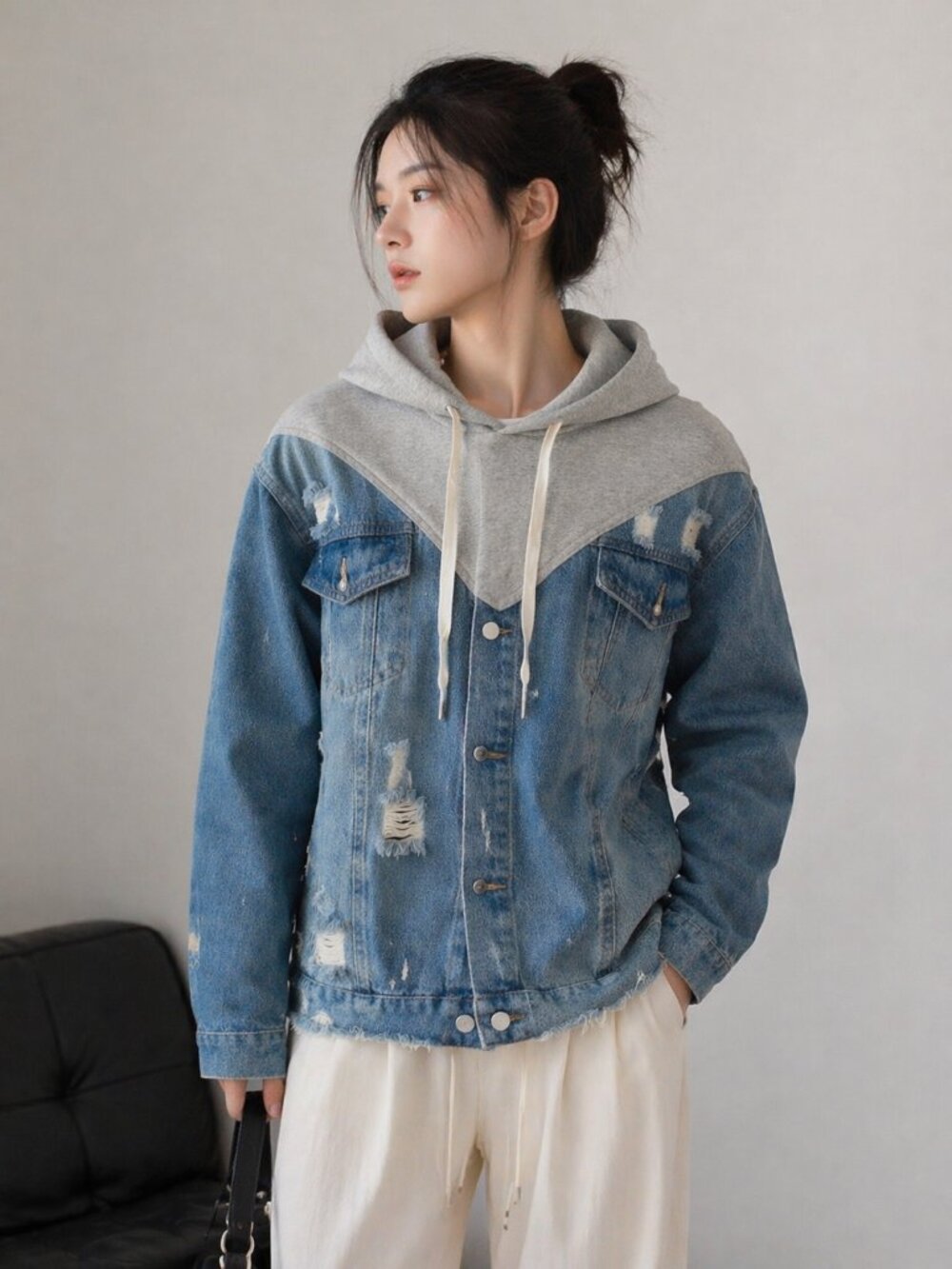 NWT Streetwear Denim Hoodie Jacket – One Size (Best for S–M) Trendy Spliced Desi